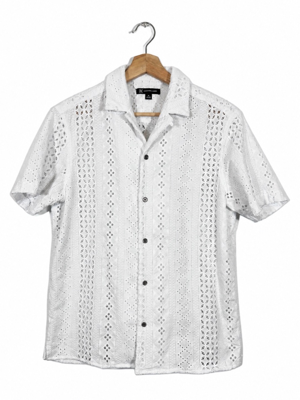 I.N.C. Men's Eyelet Open Knit Shirt Medium White Resort Vacation Preppy Boho